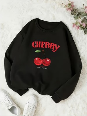 Mercoledi Cherry Baskılı Bisiklet Yaka Kadın Sweatshirt