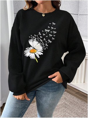 Mercoledi Papatya Baskılı Oversiz Bisiklet Yaka Kadın Sweatshirt