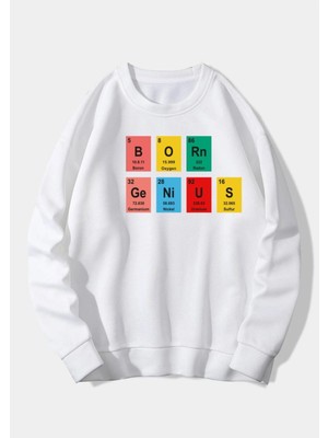 Mercoledi Unisex Oversize Beyaz Born Genius Baskılı 3 Iplik Sweatshirt