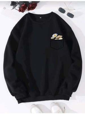 Mercoledi Çiçek Cep Baskılı Bisiklet Yaka Salaş Eşofman Üstü Oversize Sweatshirt