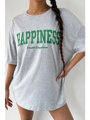 Happıness Baskılı Kadın Oversize Salas T-Shirt Boyfirend