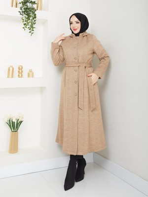 Doque Kışlık Kadın Kaban Yünlü Kalın Kaşe Düğmeli Kapşonlu 57050