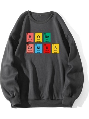 Mercoledi Unisex Oversize Antrasit Born Genius Baskılı 3 Iplik Sweatshirt