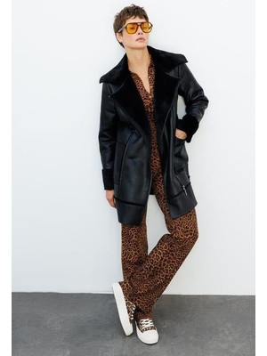 Crok Suni Deri ve Içi Soft Kürk Kaplı Spor Kaban-Siyah