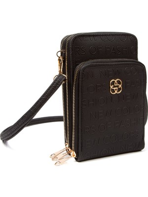 Desingshop Kadın Deri Telefon Bölmeli Çapraz Ayarlanabilir Çok Kullanışlı Askılı Cüzdan Siyah Çanta