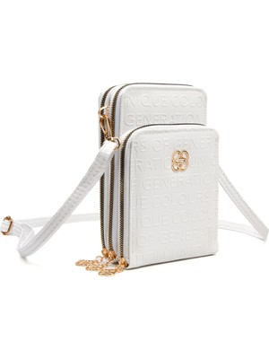 Desingshop Kadın Deri Telefon Bölmeli Çapraz Ayarlanabilir Çok Kullanışlı Askılı Cüzdan Beyaz Çanta