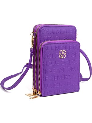 Desingshop Kadın Deri Telefon Bölmeli Çapraz Ayarlanabilir Çok Kullanışlı Askılı Cüzdan Mor Çanta