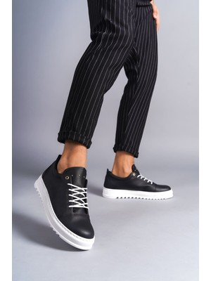 SLW152 Cool Bağcıklı Cilt Erkek Günlük Spor Klasik Ayakkabı Bt Siyah Beyaz