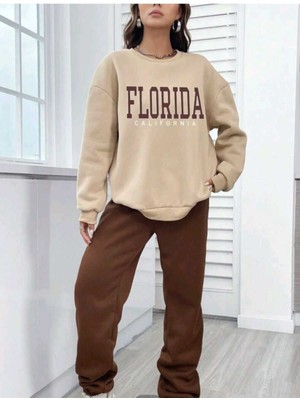 Mercoledi Kahve Krem Jogger Sweatshirt Alt Üst Eşofman Takımı Oversize Bisiklet Yaka