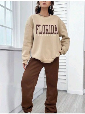 Mercoledi Kahve Krem Jogger Sweatshirt Alt Üst Eşofman Takımı Oversize Bisiklet Yaka