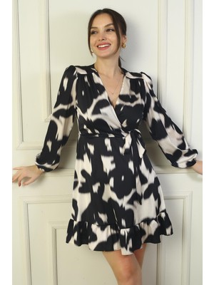 By Saygı Kadın Kruvaze Yaka Beli Bağcıklı Astarlı Fırfırlı Kısa Saten Elbise