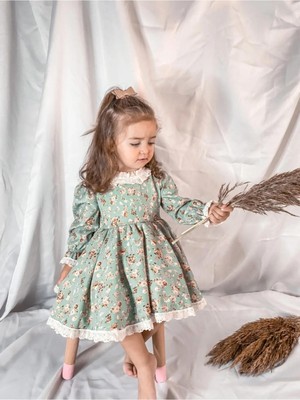 Magu Kız Çocuk Vintage Elbise Mint Çiçek Desenli Rahat Stil 7 - 8 Yaş İçin Özel Tasarım