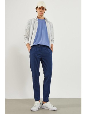 Alfred Beli Lastikli Çizgili Gofre Pantolon - Lacivert