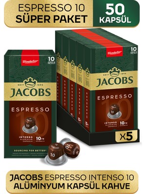 Jacobs Espresso 10 Intenso Nespresso Uyumlu Alüminyum Kapsül Kahve 10 Adet X 5 Paket