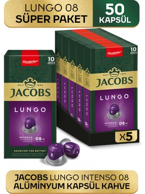 Jacobs Lungo 8 Intenso Nespresso Uyumlu Alüminyum Kapsül Kahve 10 Adet X 5 Paket