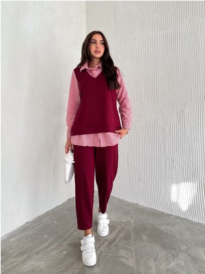 Kadın Süveterli Uzun Kol Çizgili Gömlekli Modal Rahat Takım