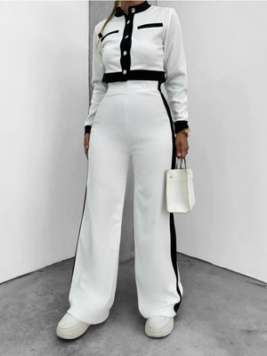 Kadın Siyah Beyaz Ottoman Kumaş Düğmeli Ikili Takım