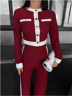 Kadın Siyah Beyaz Ottoman Kumaş Düğmeli Ikili Takım