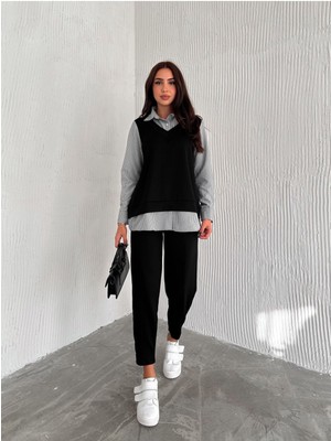 Kadın Süveterli Uzun Kol Çizgili Gömlekli Modal Rahat Takım