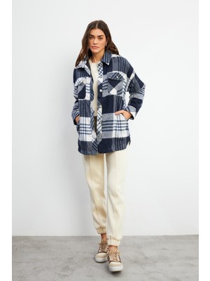 Oversize Ekose Gömlek Ceket - Ekru-Siyah