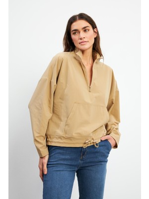 Kadın Yarım Fermuarlı Paraşüt Sweatshirt - Bej
