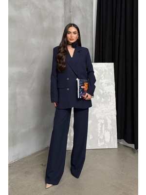 Msm Fashion Kadın Ikili Blazer Ceket Pantolon Takım Aksesuar ve Düğme Detaylı Bol Paça