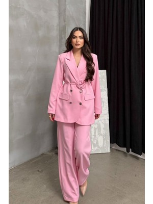 Msm Fashion Kadın Ikili Blazer Ceket Pantolon Takım Aksesuar ve Düğme Detaylı Bol Paça