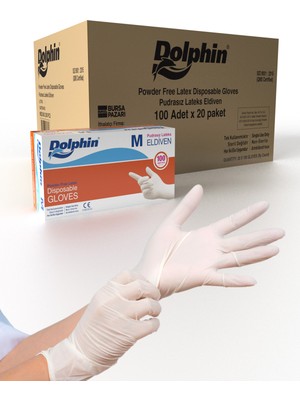 Dolphin Beyaz Lateks Eldiven Pudrasız (M) 20 Pk x 100 'lü (Koli)