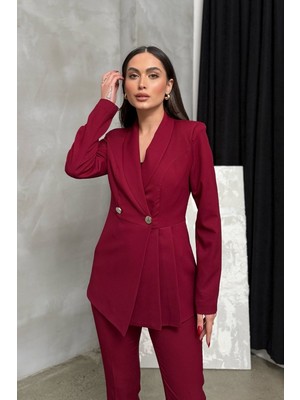 Msm Fashion Kadın Ikili Blazer Ceket Pantolon Takım Pile ve Düğme Detaylı Boru Paça