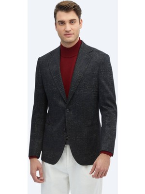 Kip Siyah Desenli Comfort Fit Yün Karışımlı Örme Ceket