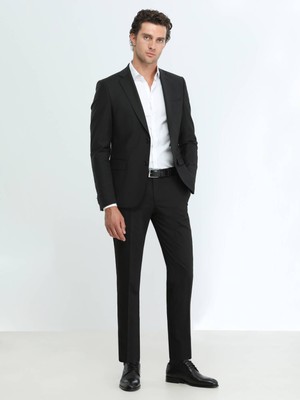 Kip Siyah Düz Modern Fit Yün Karışımlı Takım Elbise