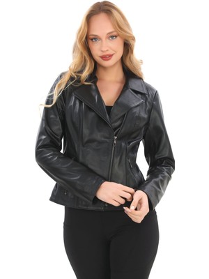 Kadın Siyah Hakiki Deri Mont