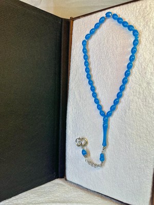 Sevgiliye Özel Hediye Tesbih Toz Kehribar Arpa Kesim Mavi Renk H-1021.