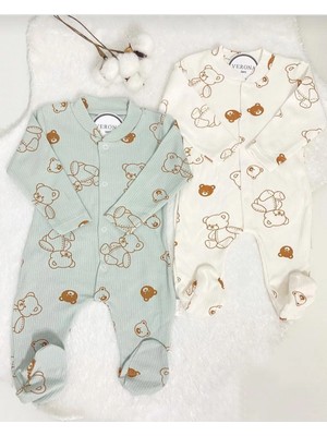 Baby Wings Bej-Mint Ayıcık Baskılı 2'li Tulum Takım 2 Parça