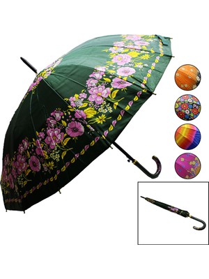 Desenli Renkli Saplı Bayan - 16 Telli Baston Şemsiye Renkli