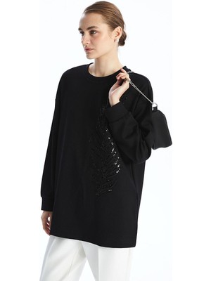 Lcwaıkıkı Classic Bisiklet Yaka Pul Işlemeli Oversize Kadın Sweatshirt Tunik
