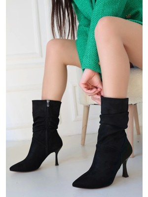 Kazax Jeria Siyah Süet Topuklu Çizme