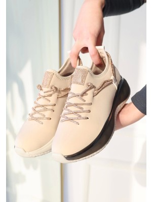 Kazax Sihay Bej Saten Boncuklu Spor Ayakkabı