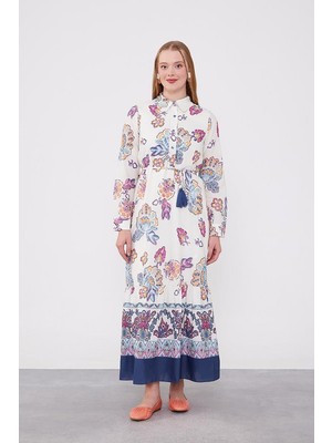 Lacivert Gömlek Yaka Beli Ip Detaylı Elbise