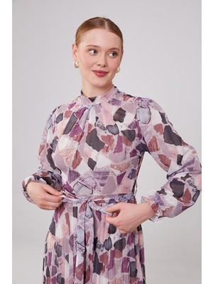 Lila Önü Büzgülü Şifon Elbise