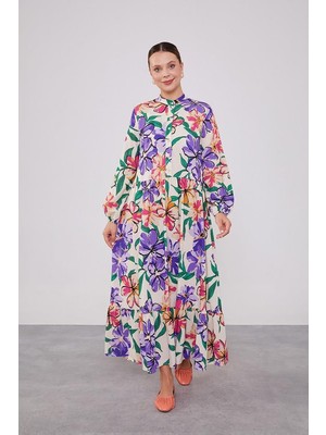 Fuşya Eteği Volanlı Empirme Elbise