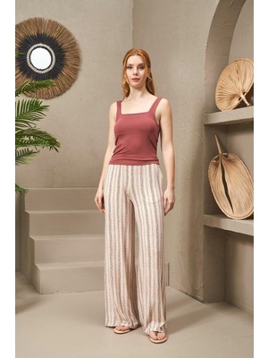 Pjs 25133 Kadın Askılı Bol Paça Çizgili Pantolon Takım