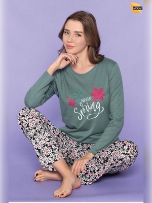 Over Sleep by Poleren Sıfır Yaka Uzun Kollu Kadın Pijama Takımı