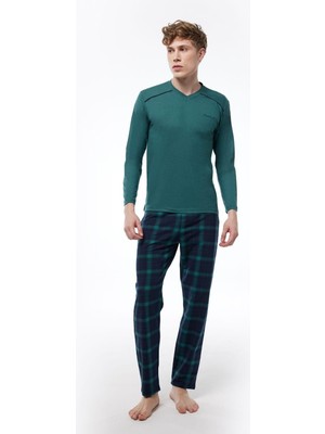 Füme Ekoseli Erkek Pijama Takımı V Yaka Kışlık Uzun Kollu Pijama 6014