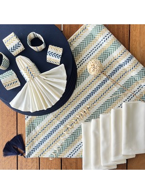 Amerikan Servis Retro Desen Takım 6 Supla, 6 Kumaş Peçete, 6 Peçete Halkası ve Runner Örtü Kombin 2