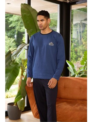 Erkek Indigo O Yaka Kışlık Pijama Takımı