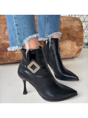 Boncuk Desenli Sivri Burun Yandan Fermuarlı Ince Topuklu Ayakkabı Cilt Siyah Topuk Boyu 9 cm