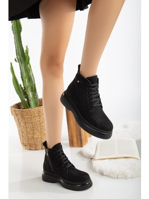 Bağcıklı Yandan Fermuarlı Topuklu Bot Siyah Süet Topuk Boyu 3 cm