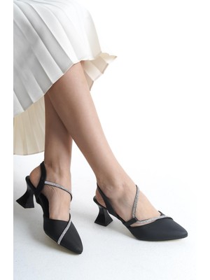 Tamdabu Ayakkabı Siyah Saten Taşlı Kısa Topuklu Kadın Ayakkabı