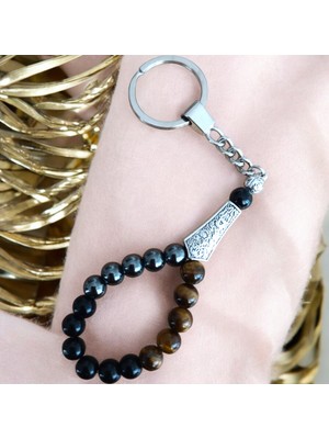 Kaplan Gözü Taşı Tesbih Anahtarlık - Oniks Taşı - Hematit Taşı Doğal Taş Anahtarlık - Tesbih Anahtarlık Sertifikalı